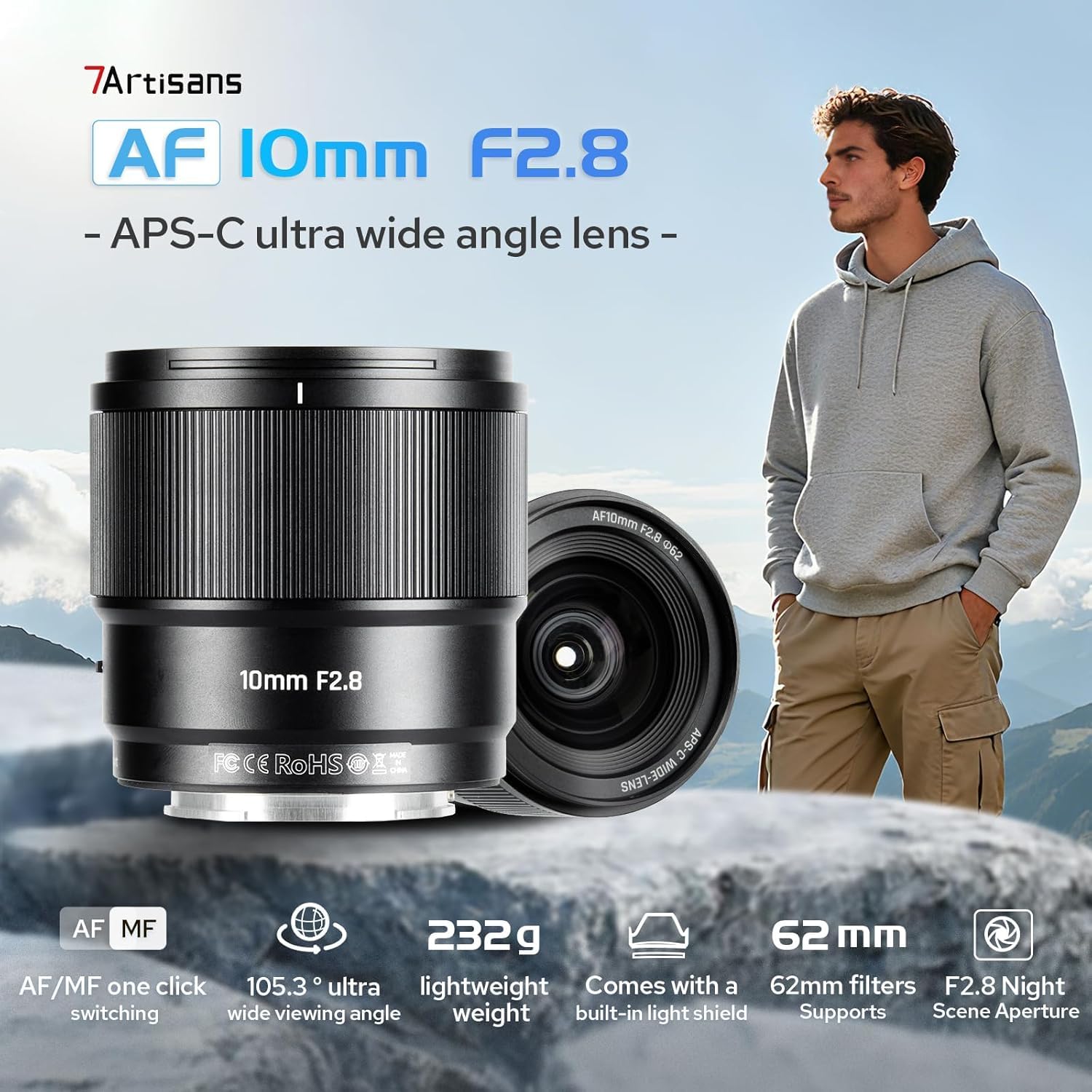 7artisans AF 10mm F2.8 Monture FX Auto Focus Camera Lens 105.3° 232g APS-C AF/MF Fixed Ultra Large Angle Lens for Fujifilm FX Monture XT2 XT20 XE3 XT1 X-T2
