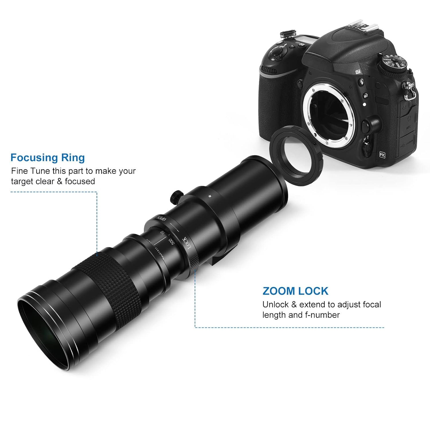Lightdow 420-800mm f/8.3-16 Telephoto Lens for Canon EF Lens, Manual Telephoto Zoom Lens with T-Ring for Canon EOS Rebel SL2 SL1 T8i T7 T6 850D 800D 4000D 2000D 90D 80D 77D 70D...