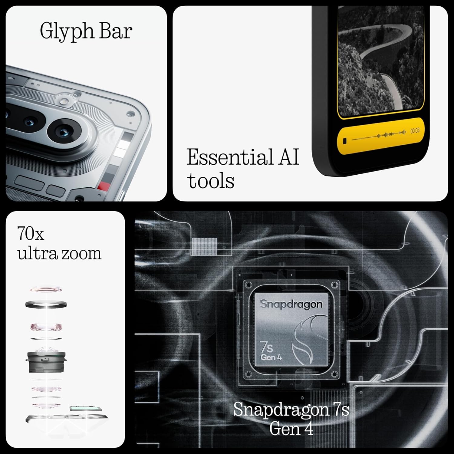 Nothing Phone (4a) - 50 MP Triple Camera, up to 70x Ultra Zoom, Transparent Smartphone, Long Battery, 50 W Fast Charge, 120 Hz AMOLED, Glyph Bar, 12 GB + 256 GB - Black