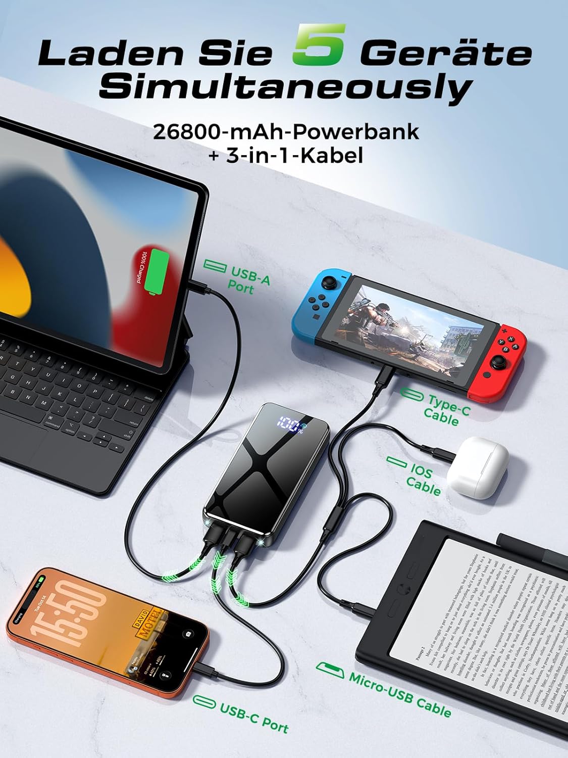Power Bank, 30% Größere Kapazität 26800mAh Powerbank mit 3-in-1 Kabel, LED Display, Schnellladen USB-C, Reise-Essential Externer HandyAkkus für iPhone 17/16/15, Samsung...