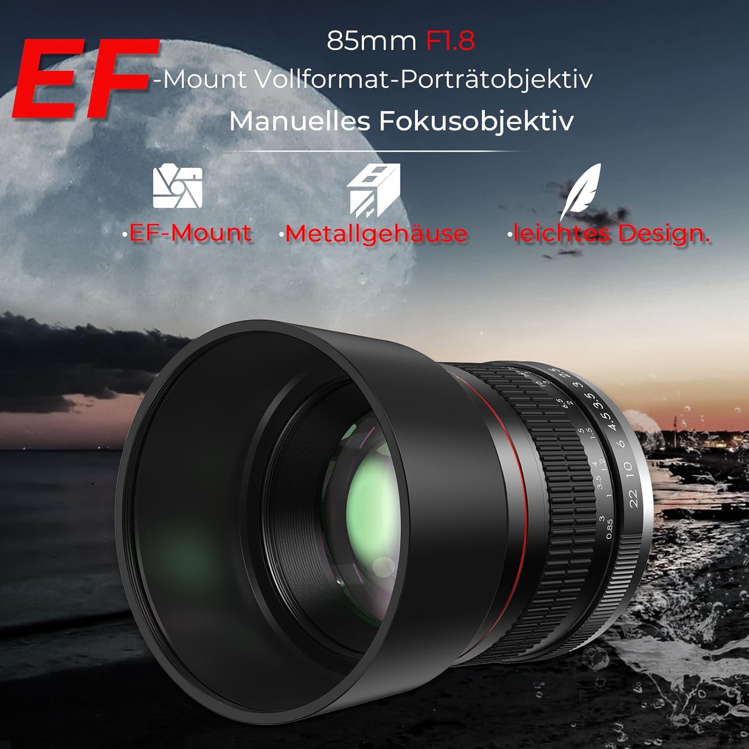 'Prime Tdow 85 mm f/1.8 Medium Telephoto Portrait Manual Focus Lens for Canon EOS DSLRs