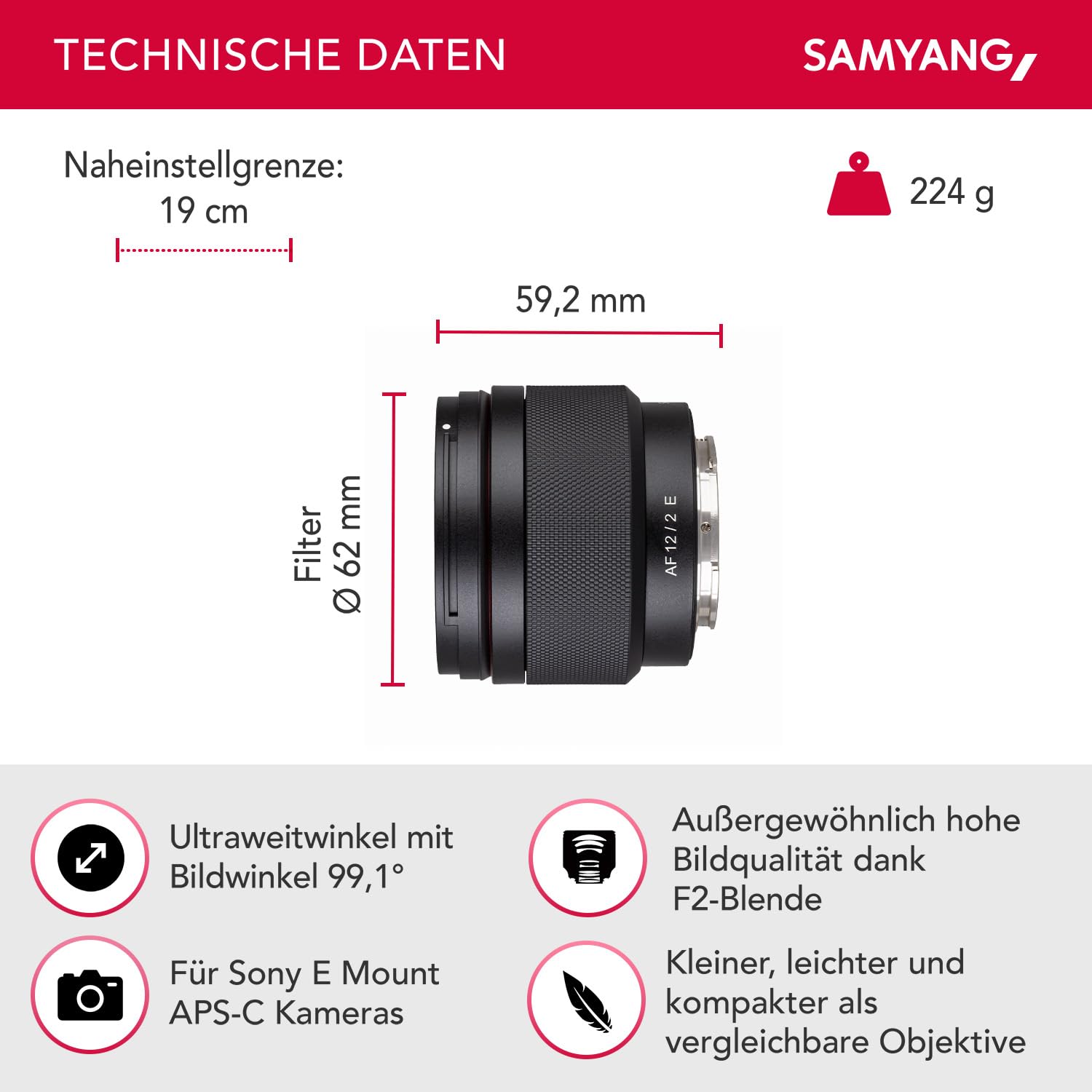 Samyang AF 12 mm F2.0 E Lens for Sony E - Auto Focus APS-C Wide Angle Fixed Focal Length Lens for Sony E Mount APSC, for Sony Alpha 6600 6500 6400 6300 6100 6000 5100 5000 NEX...