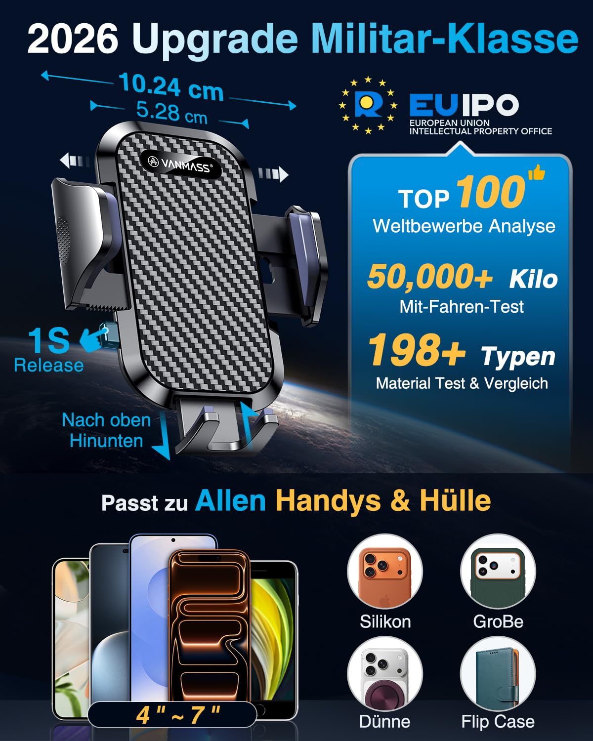 VANMASS 2026【Militär-Klasse】Handyhalterung Auto Upgrade【Stärkste Saugnapf & Lüftungshaken】4 in 1 Handy Halterung Auto 360° Drehbar Handyhalter Auto Armaturenbrett Scheibe Wand...